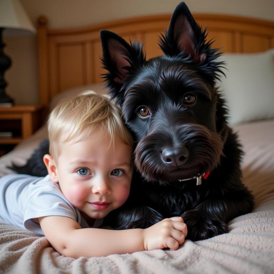 Scottish Terrier Cuddling with a Child