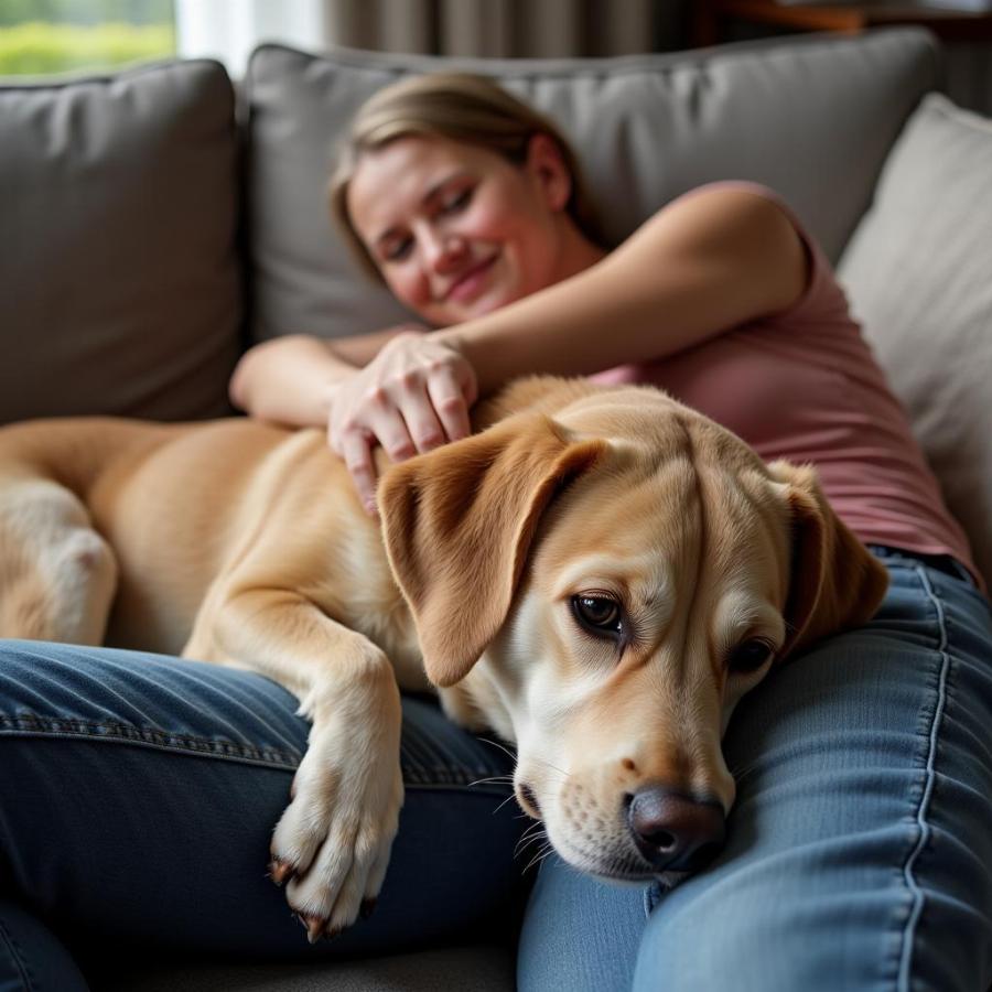 Senior Dog Cuddling with Owner on Sofa