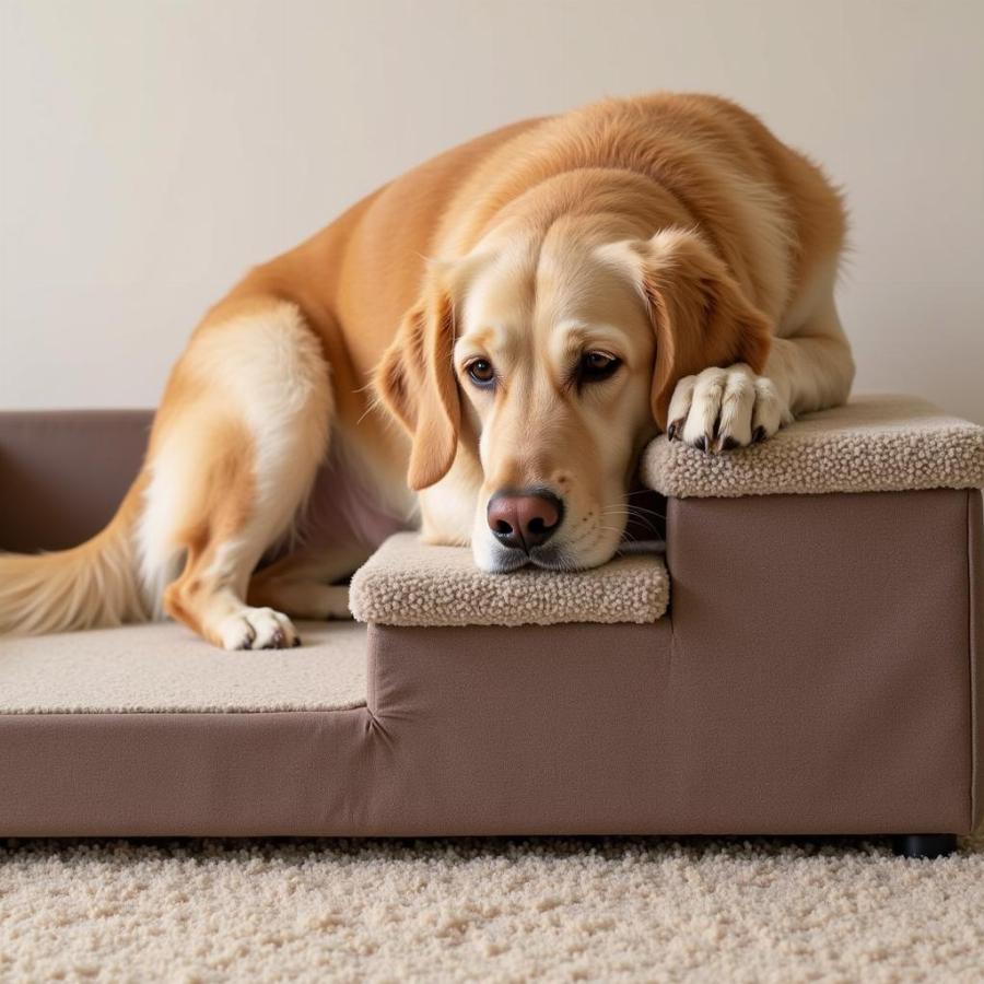 Senior Dog Comfortably Using Bed Steps