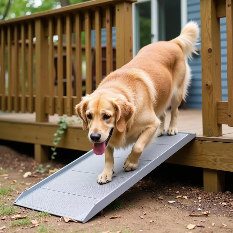 Senior dog using ramp for deck access