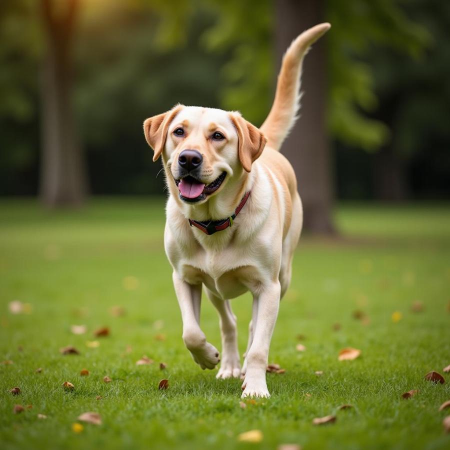 Senior dog walking happily after taking joint treats