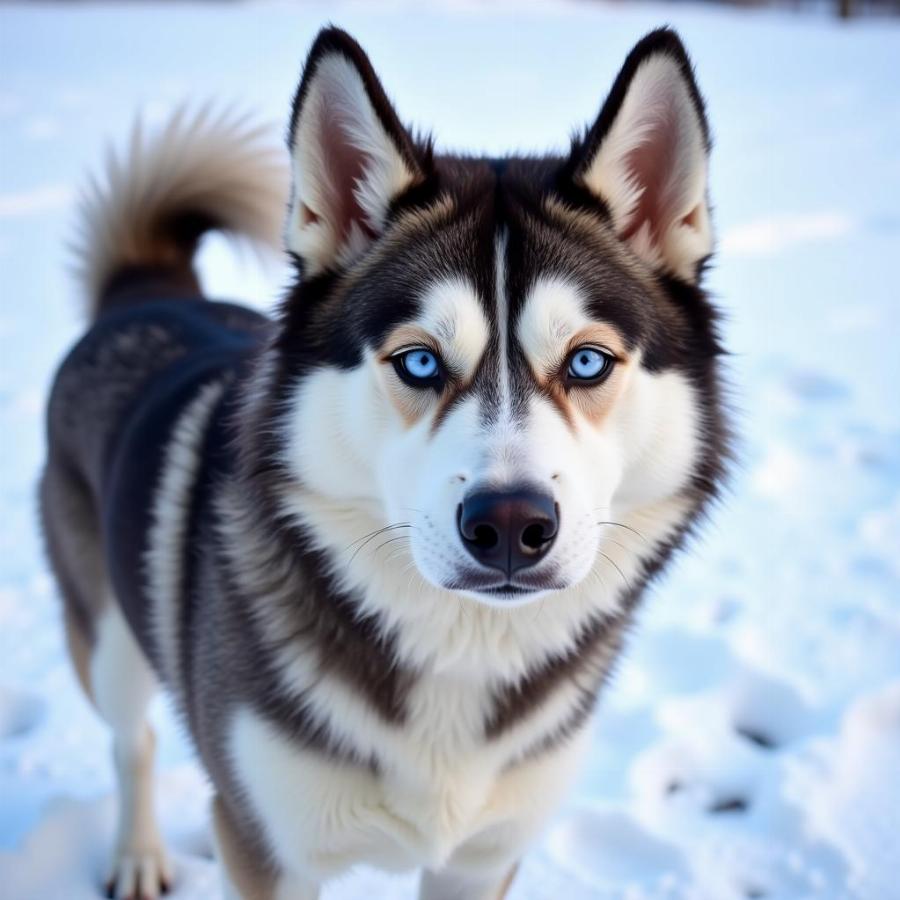 Siberian Husky with striking blue eyes and a thick coat standing in the snow