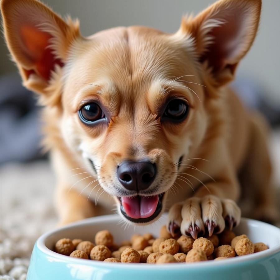 Small dog enjoying a bowl of kibble