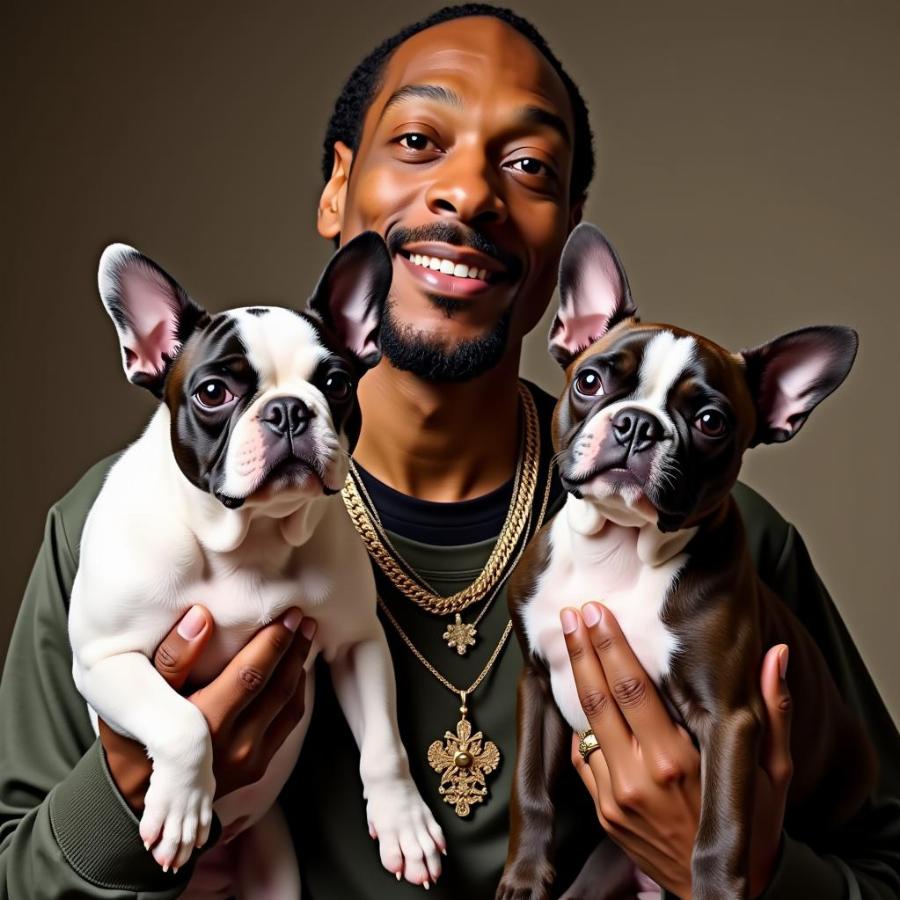 Snoop Dogg posing with his French Bulldogs