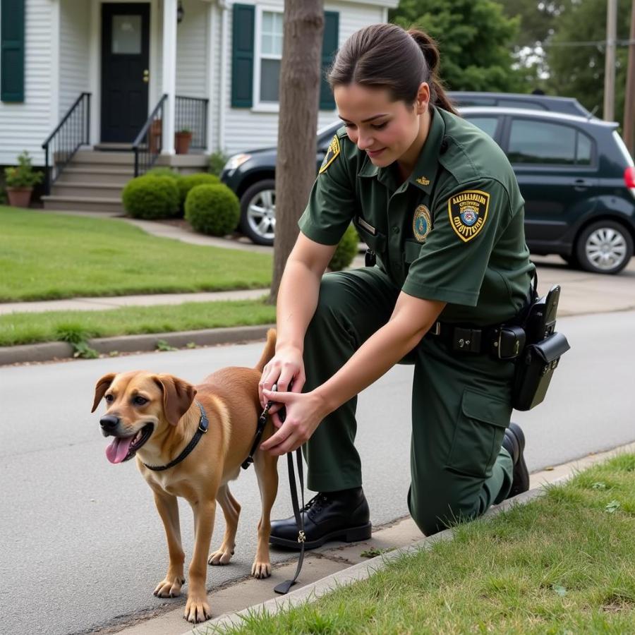 Stray Dog Being Handled by Animal Control Officer in New Buffalo