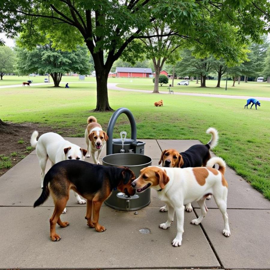 Dogs drinking water at Swanson's Streamway Dog Park