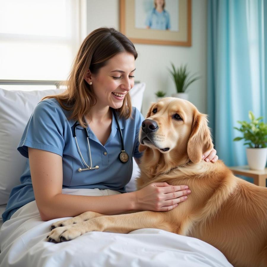 Therapy dog providing comfort to a patient in a hospital setting