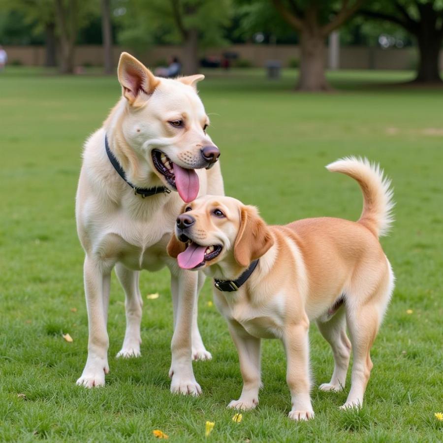 Two dogs meeting in a park