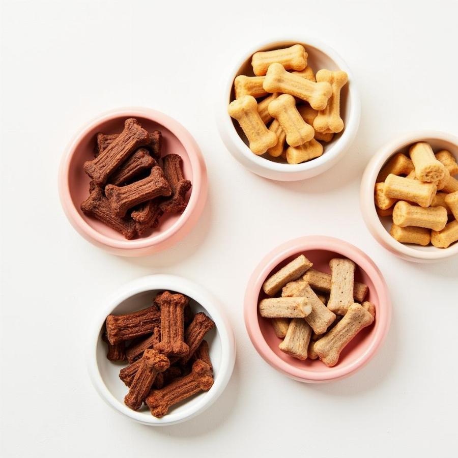 A variety of natural balance dog treats displayed in bowls.