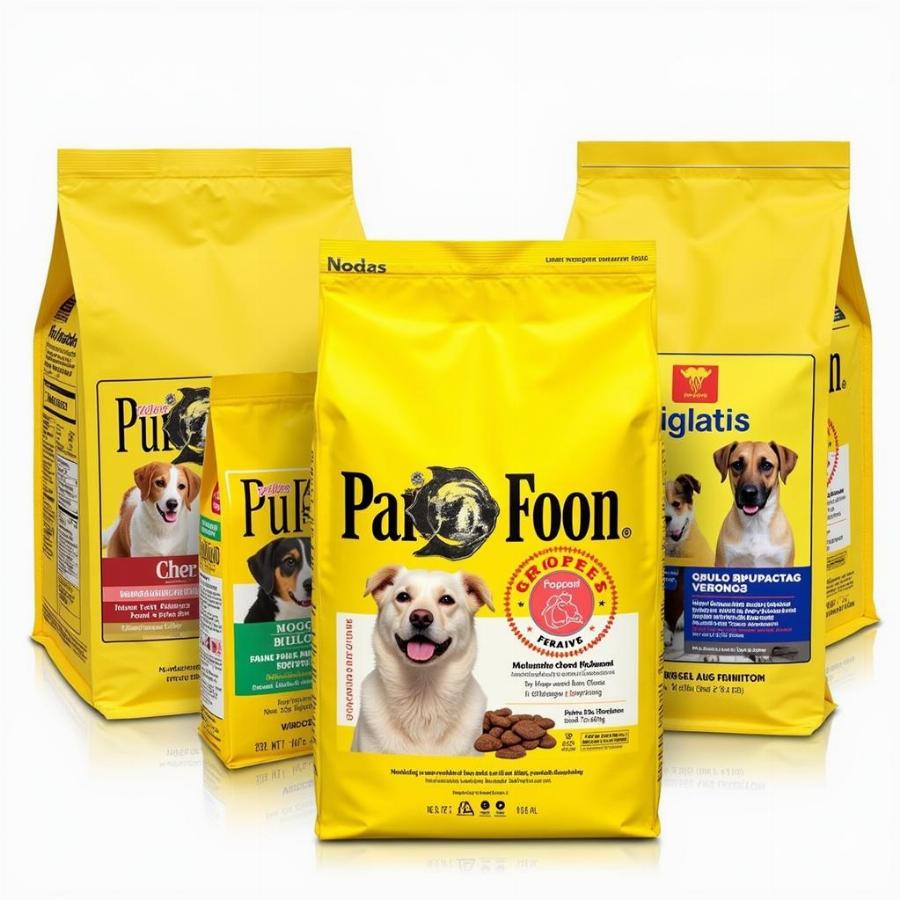 A selection of different brands of natural dog food in yellow bags