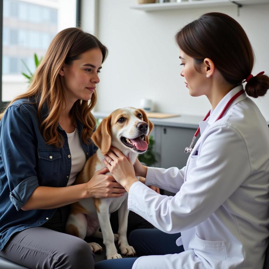 Veterinarian comforting dog owner