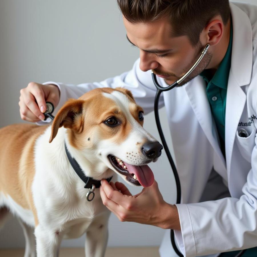 Veterinarian examining a dog after it ate raisins