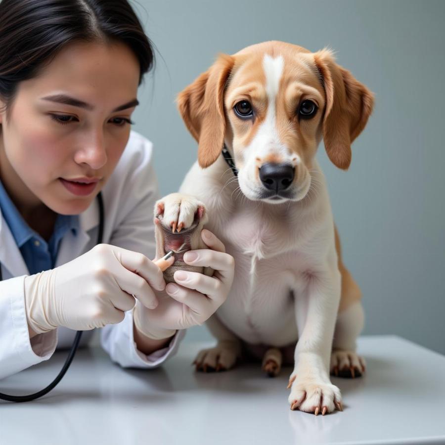 Veterinarian examining a dog's paw