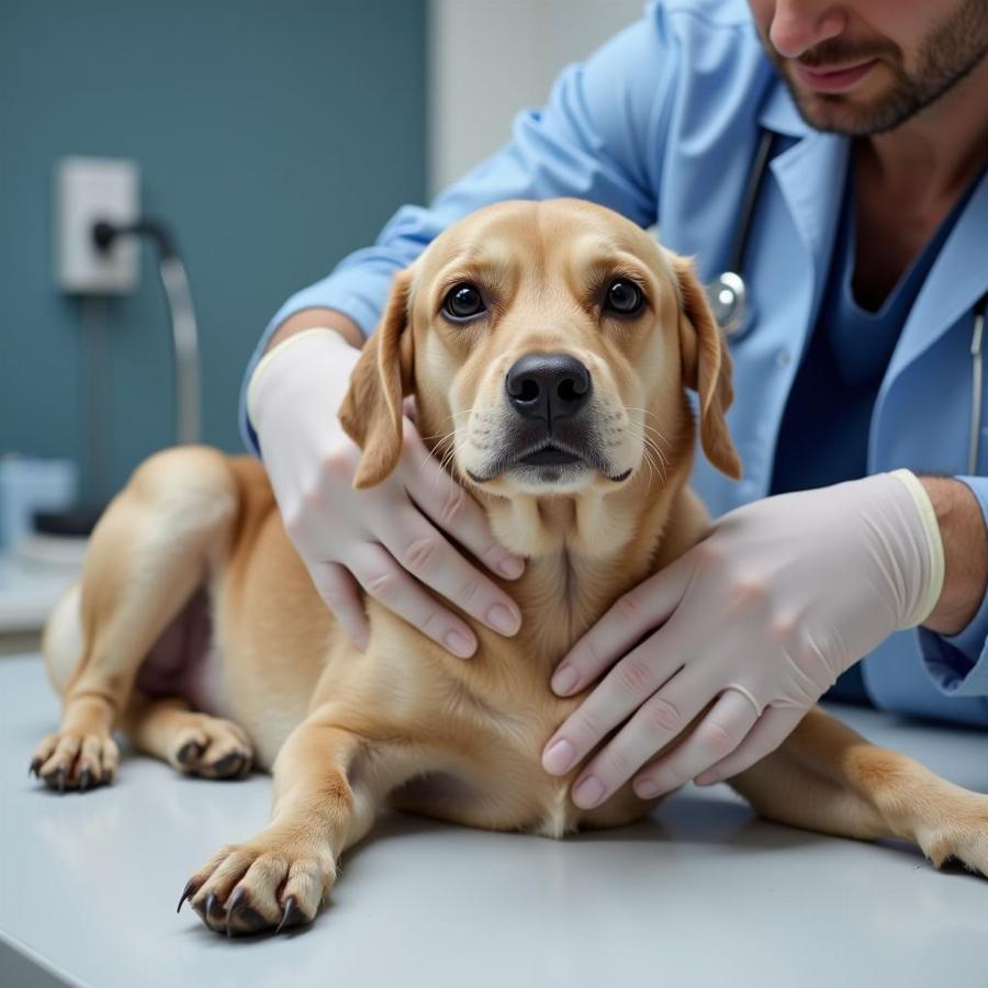 Veterinarian examining a dog's spay incision