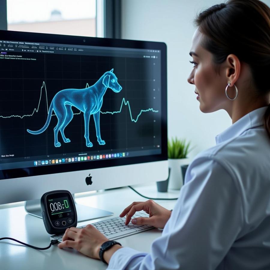 Veterinarian reviewing Holter monitor data on a computer