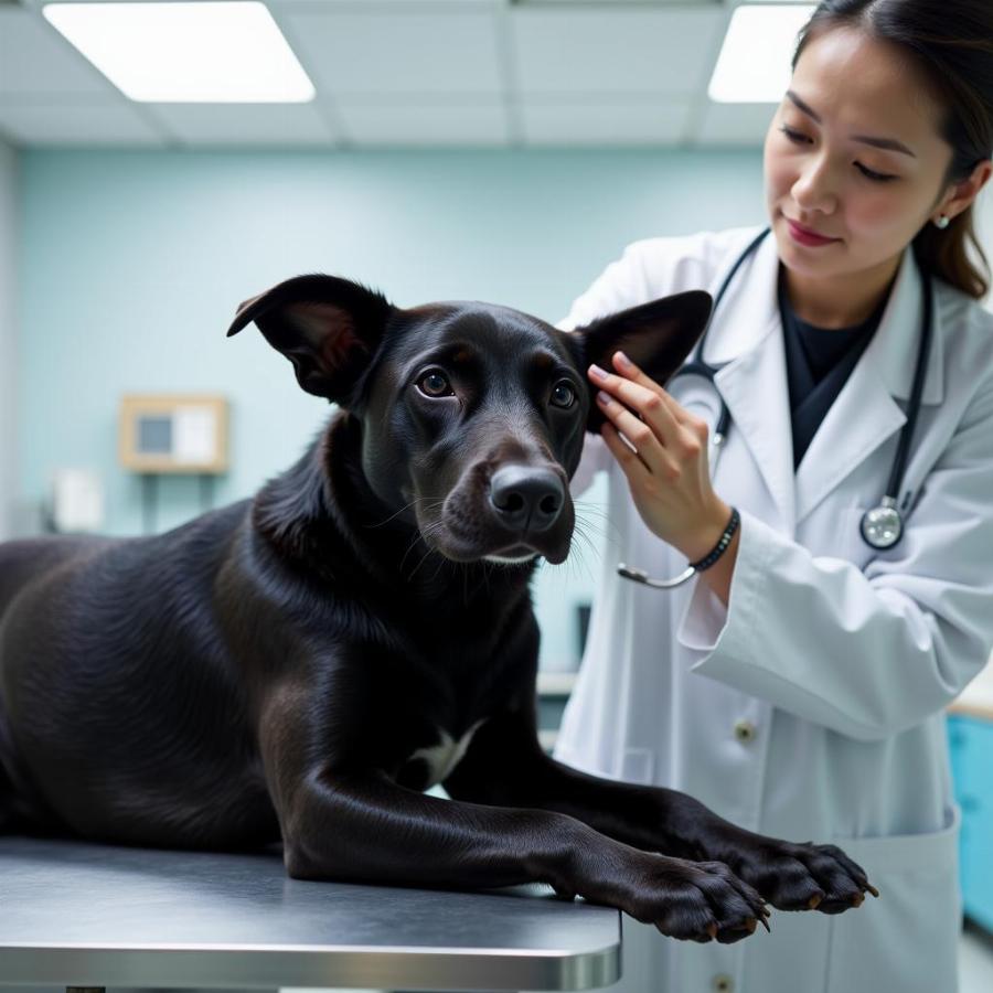 Veterinarian Examining a Black Dog