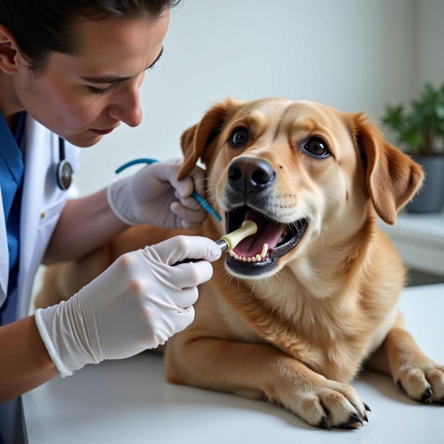 Veterinarian examining a dog for bone ingestion