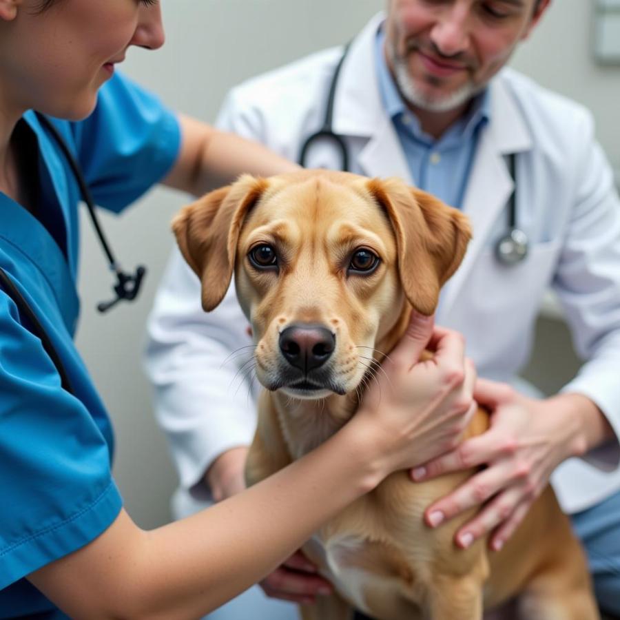 Veterinarian examining a dog's abdomen