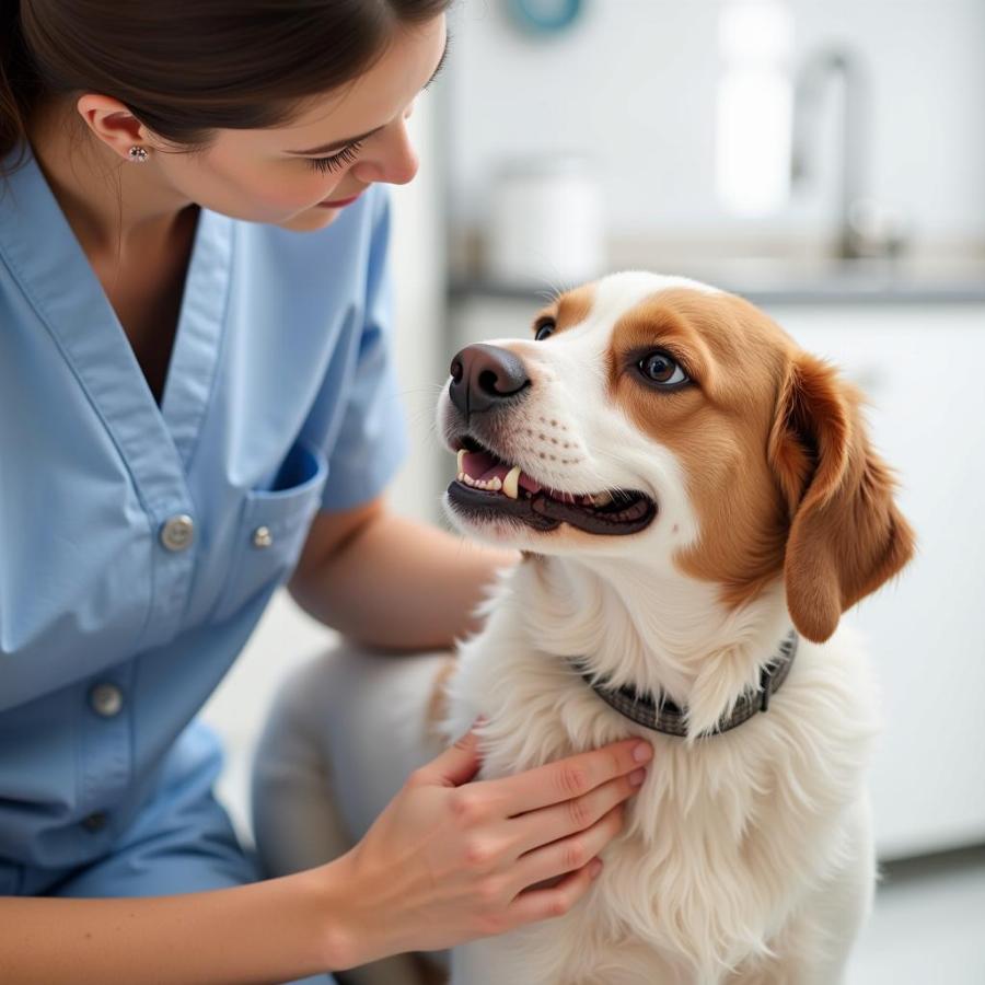 Veterinarian examining a dog suspected of raisin poisoning