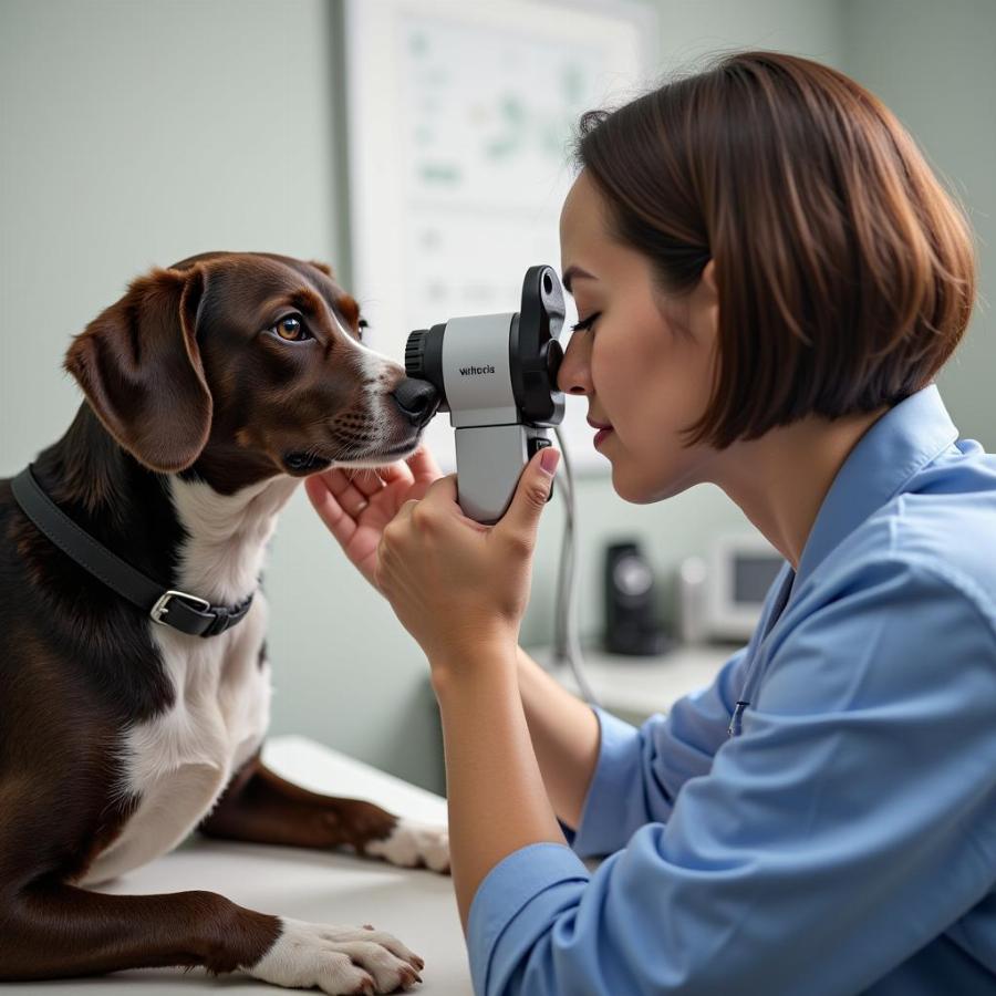 Veterinarian examining a dog's eye with specialized equipment