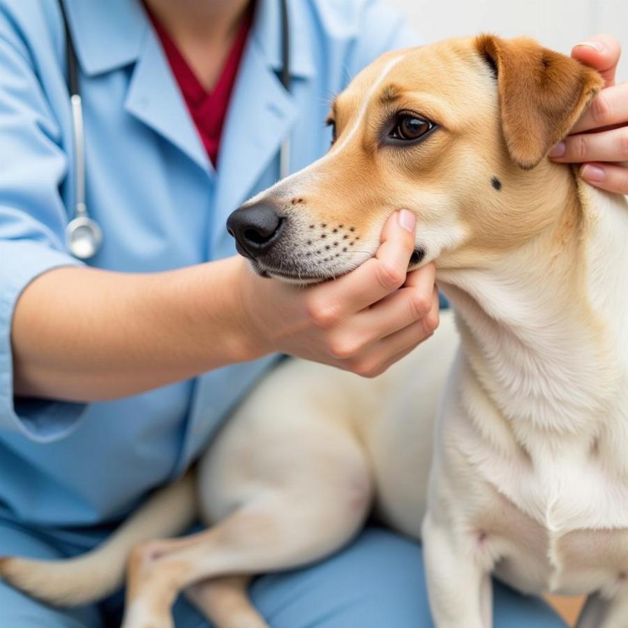 Veterinarian examining a dog for fleas