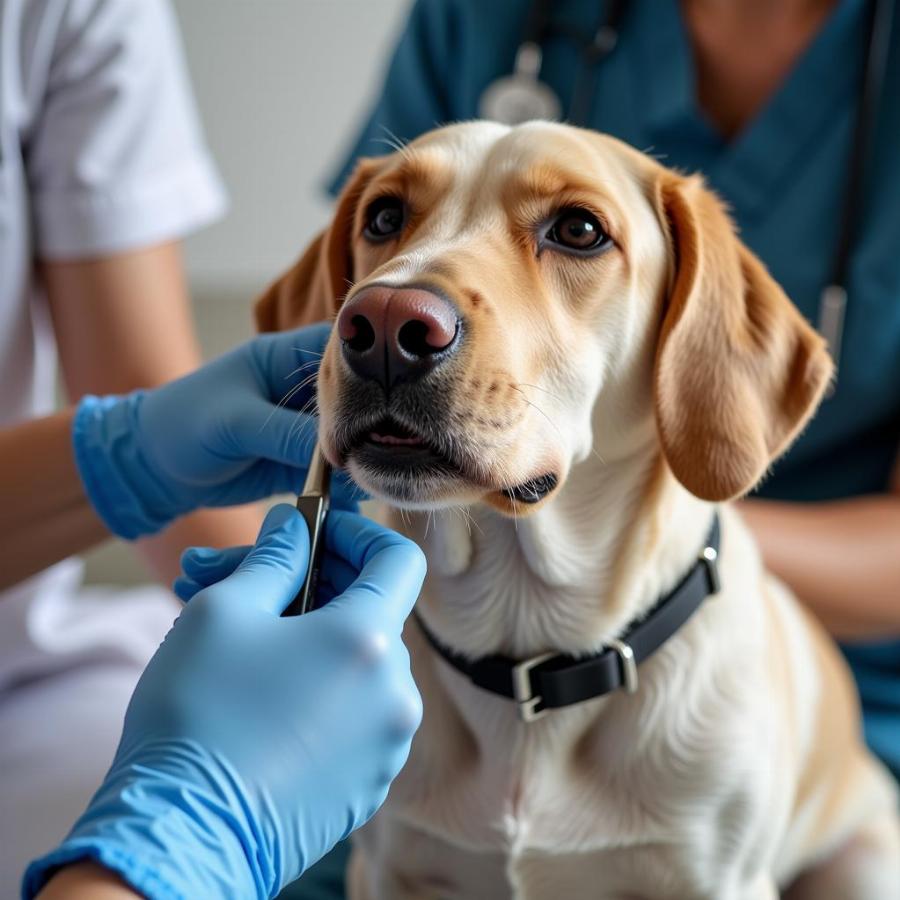 Veterinarian examining a dog with facial swelling