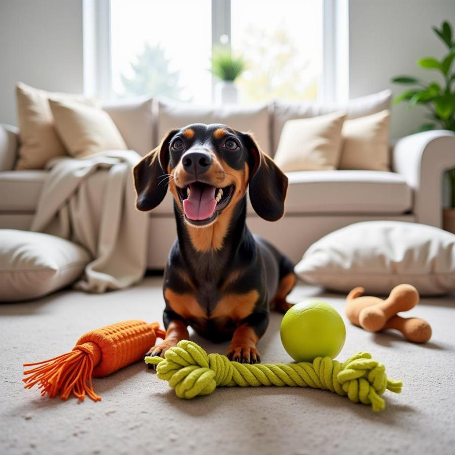 Weiner dog playing with toys