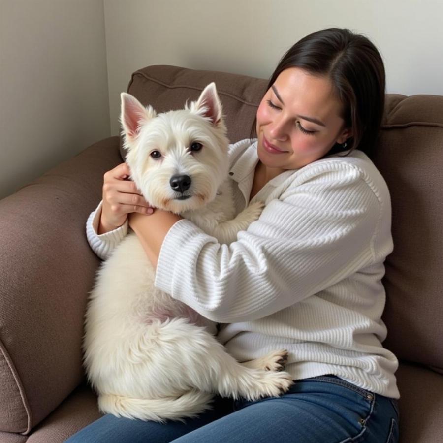 West Highland White Terrier cuddling with owner