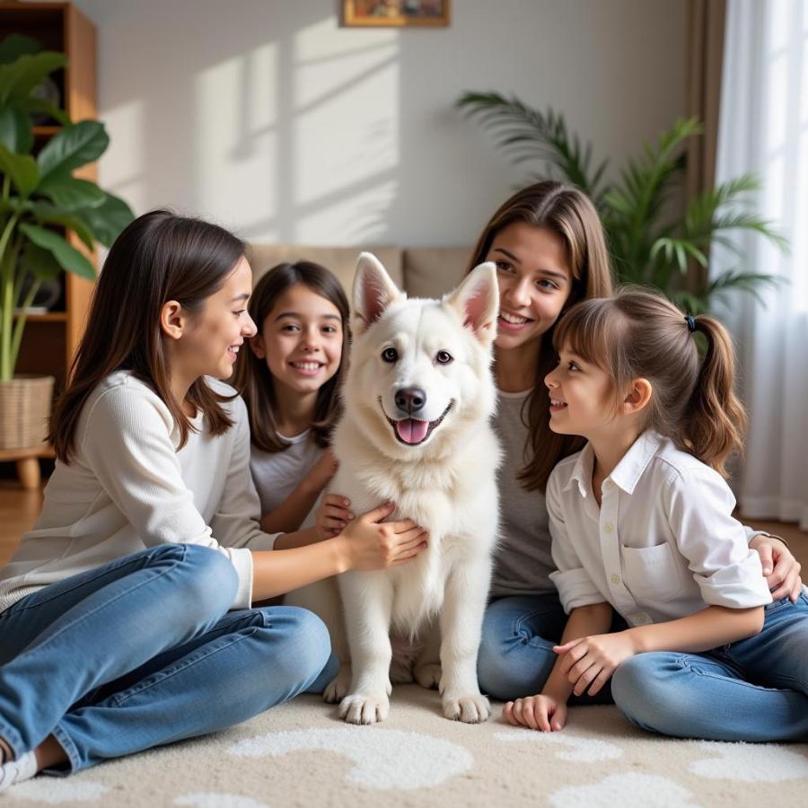 White Long Haired German Shepherd Puppy with Family