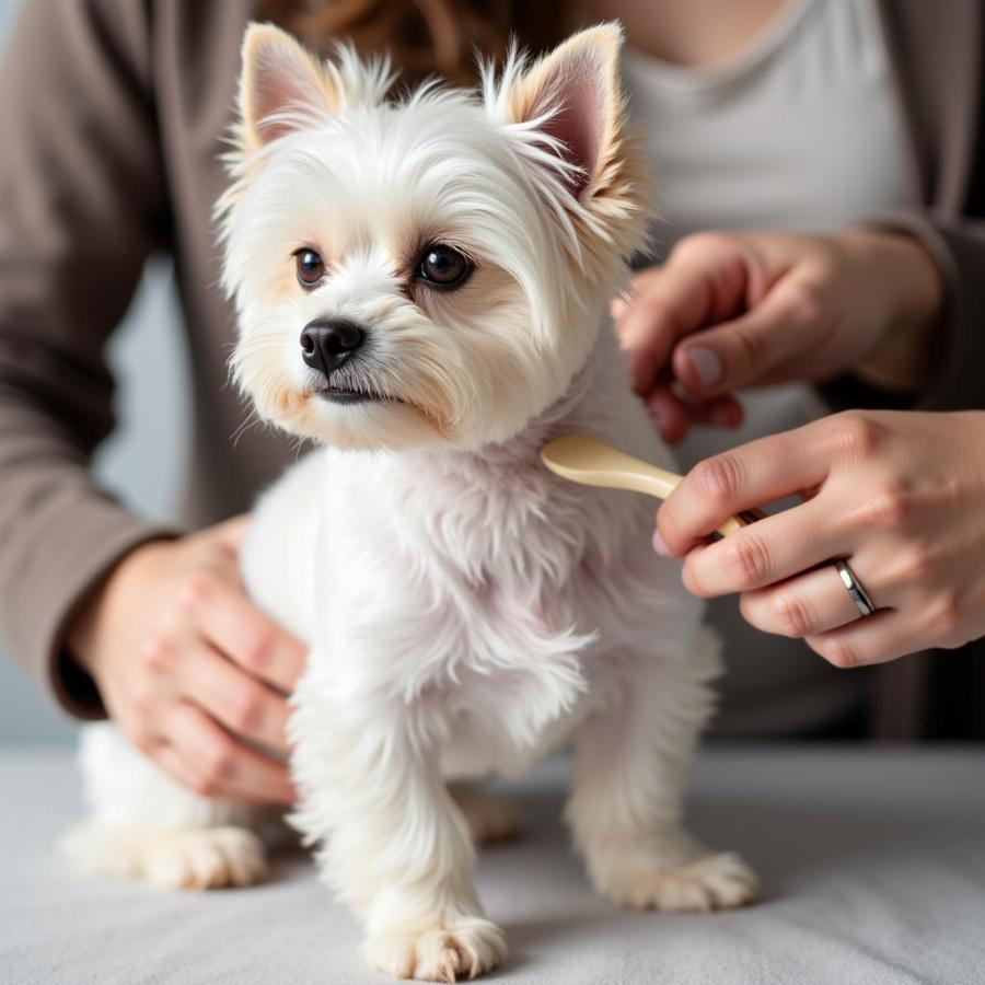 White Teacup Yorkie Being Groomed