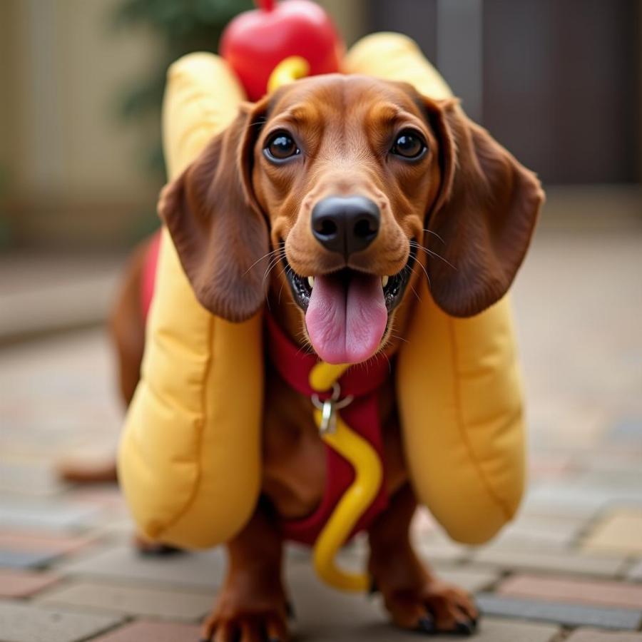 Dachshund in a hot dog costume