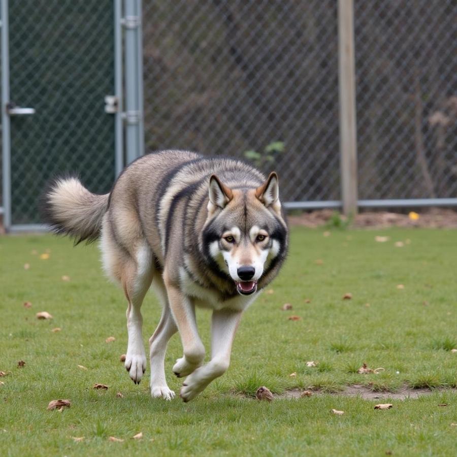 Wolf Dog Playing in a Securely Enclosed Area