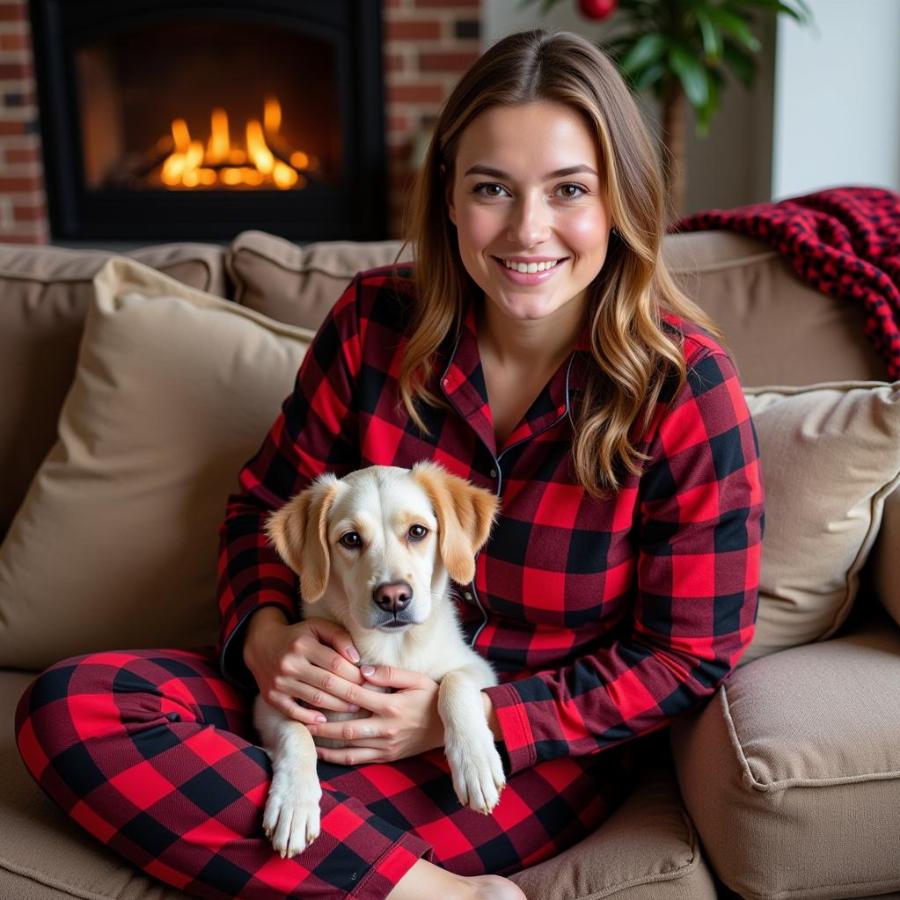 Woman and Dog in Matching Pajamas