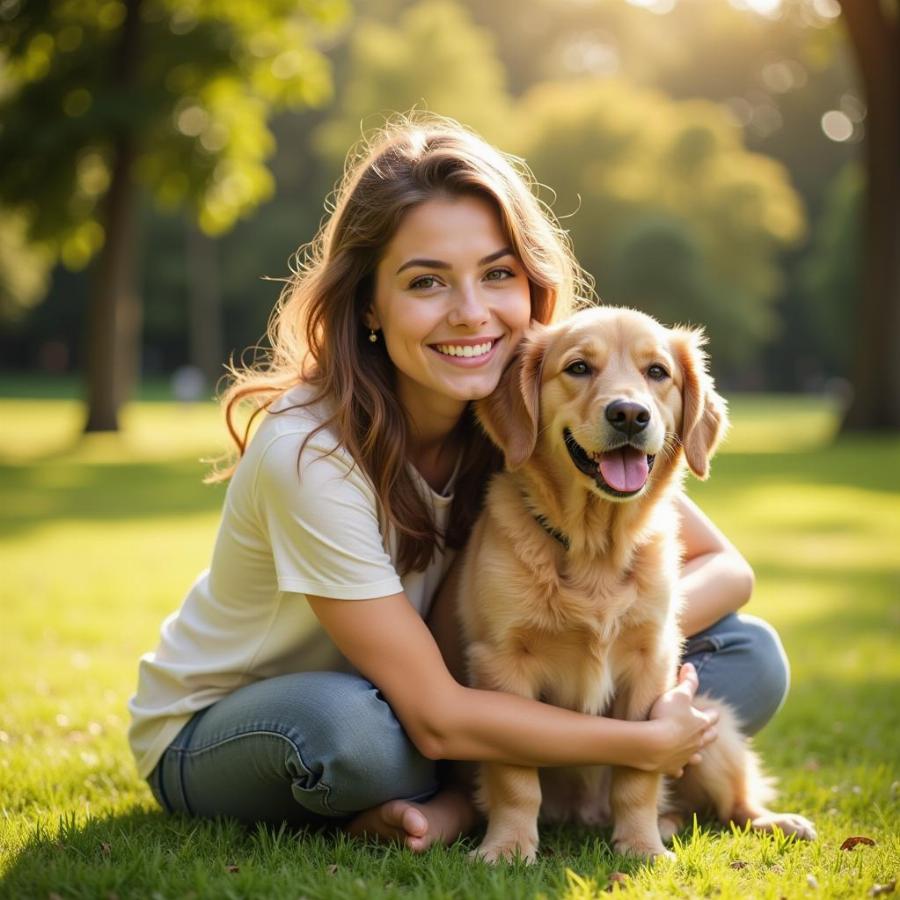 Woman Hugging Her Dog in a Park