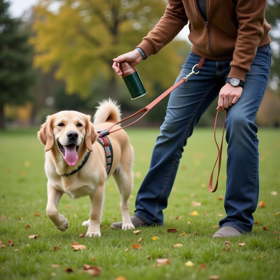 Spraying bitter spray on a leash