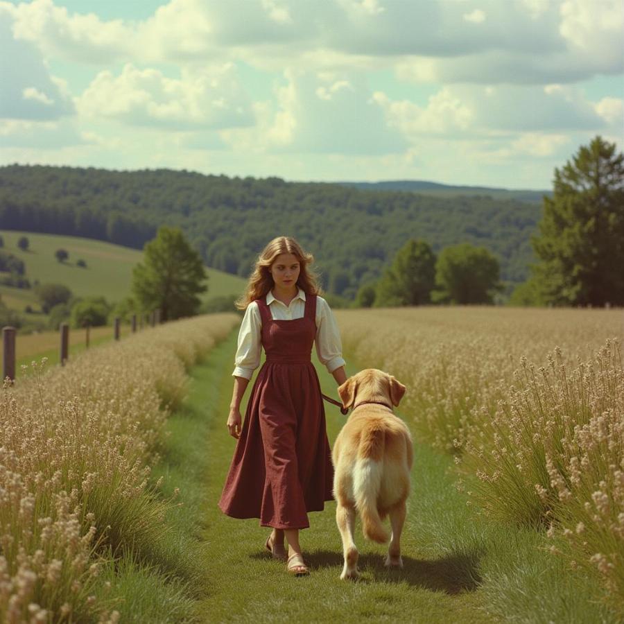 Anne và chú chó của cô đang đi dạo qua cánh đồng Avonlea.