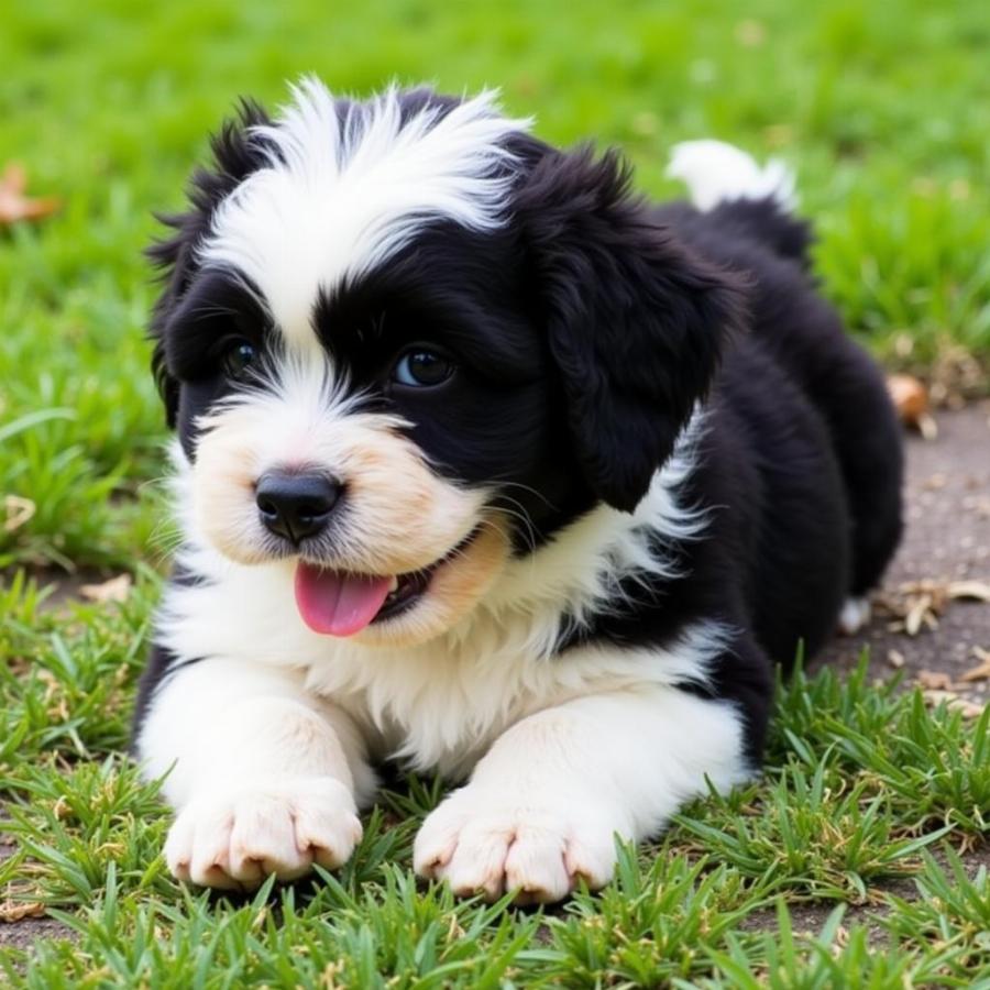 Black and White Lhasa Apso Puppy Playing