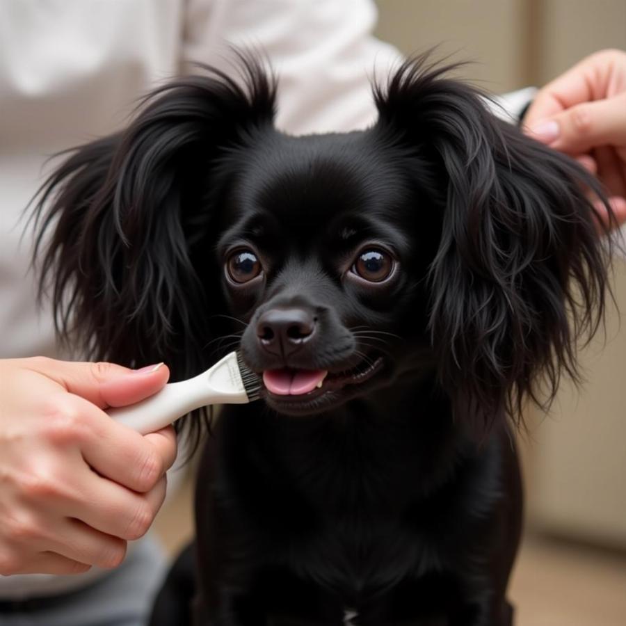 Black Papillon Dog Being Groomed