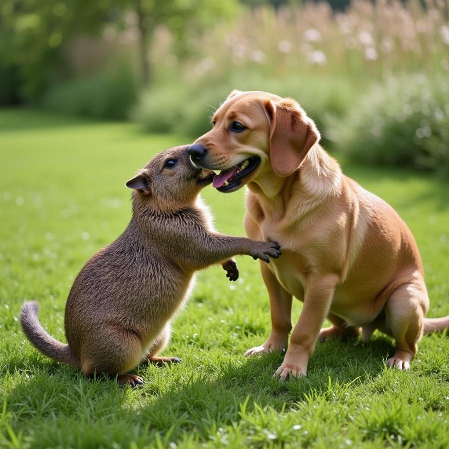 Capybara và chó chơi đùa cùng nhau