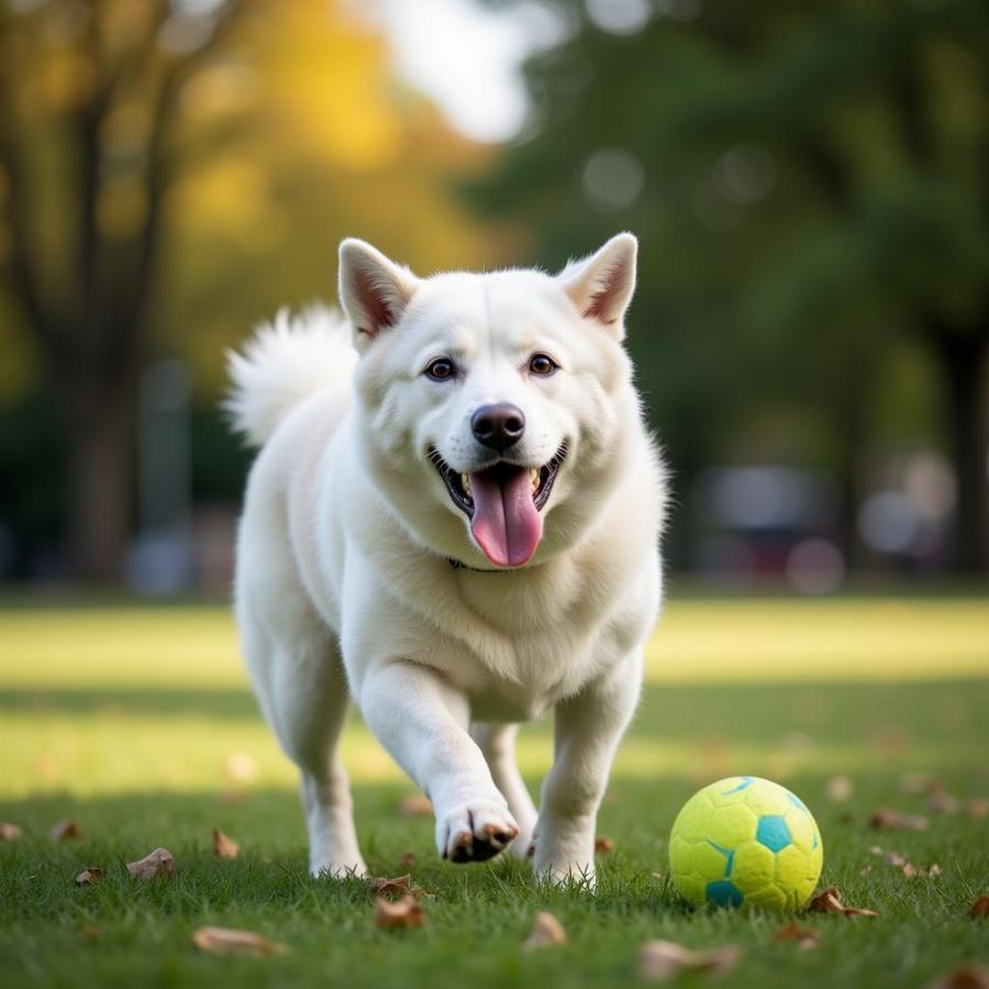 Chó Akita trắng chơi đùa với bóng