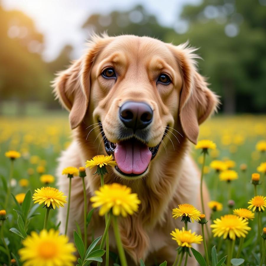 Dog Eating Dandelions in a Meadow