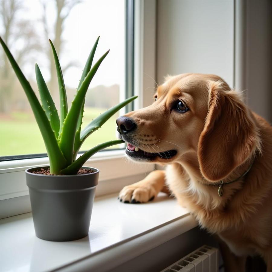 Dog eating aloe vera plant