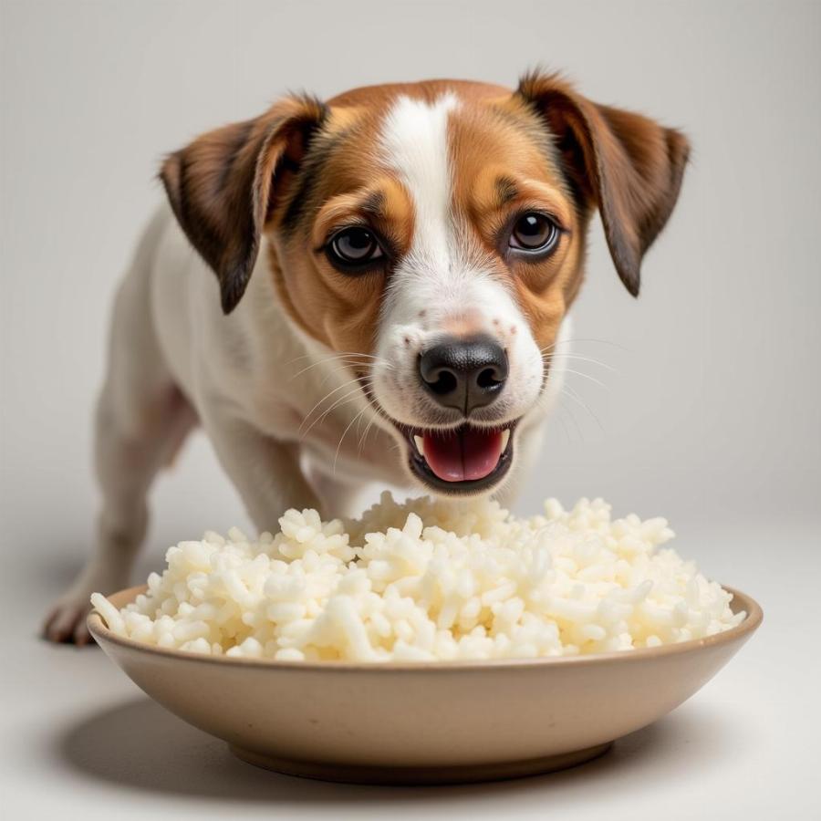 Dog eating white rice