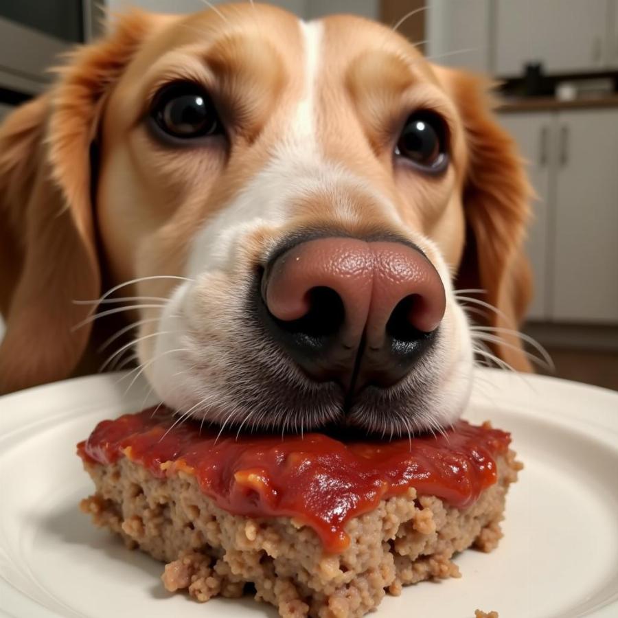 Dog eating meatloaf without gravy