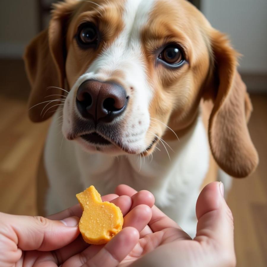 A dog trying duck treats for the first time