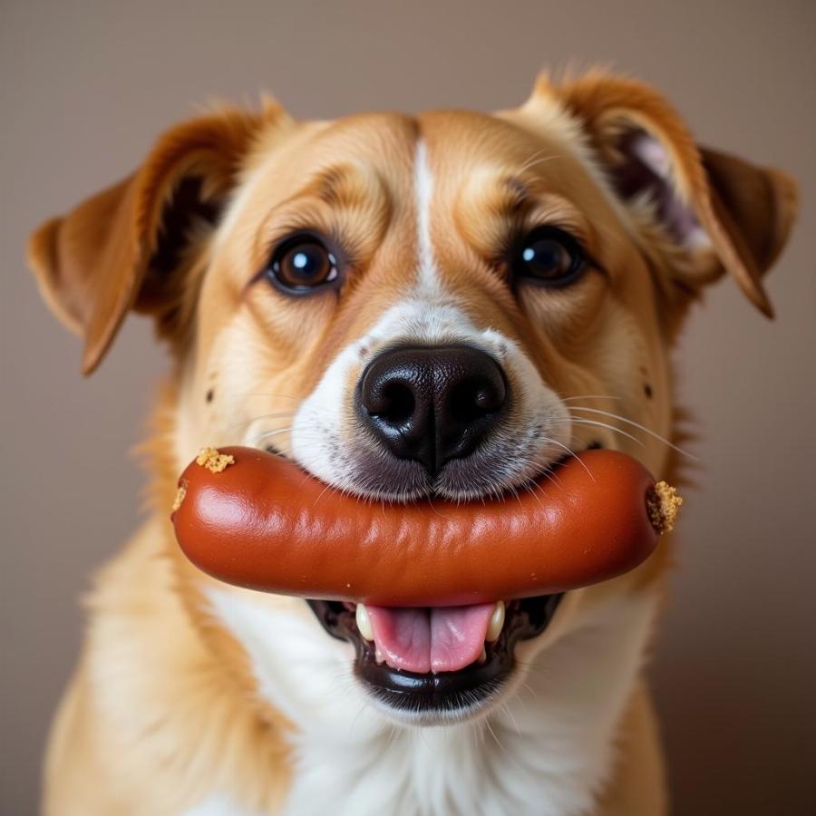 Dog eating baked hot dogs