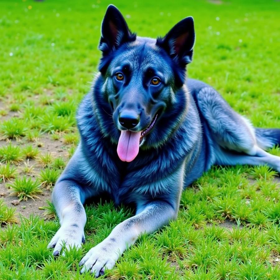 Blue German Shepherd Dog lying on grass