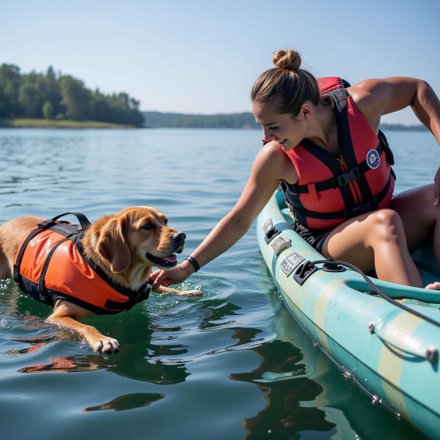 Chó bơi bên cạnh thuyền kayak: Mẹo giữ an toàn cho chó khi chèo thuyền kayak