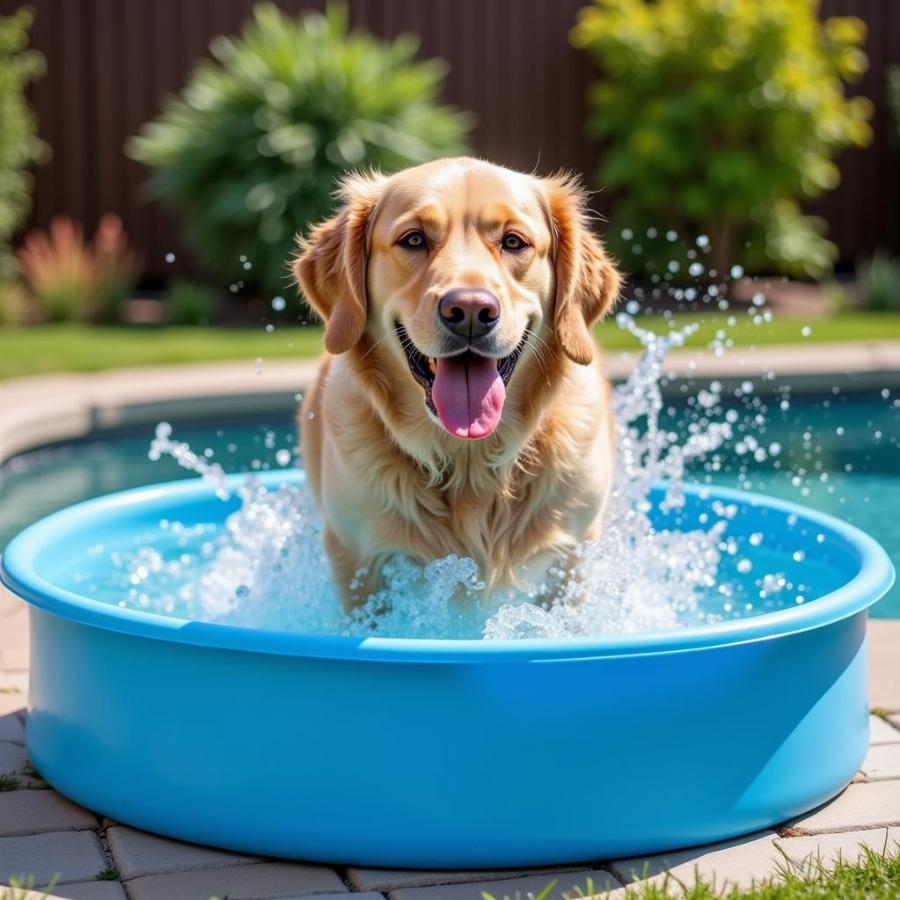 A dog enjoying a hard plastic swimming pool.