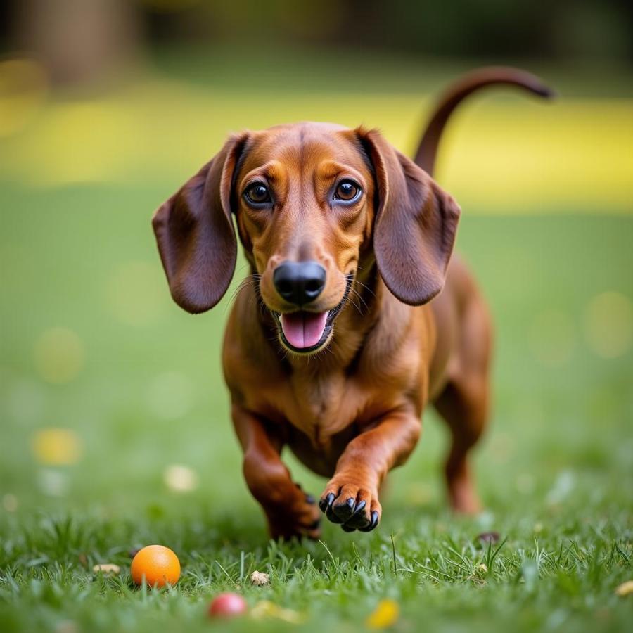 Chó cảnh Dachshund đang chơi bóng